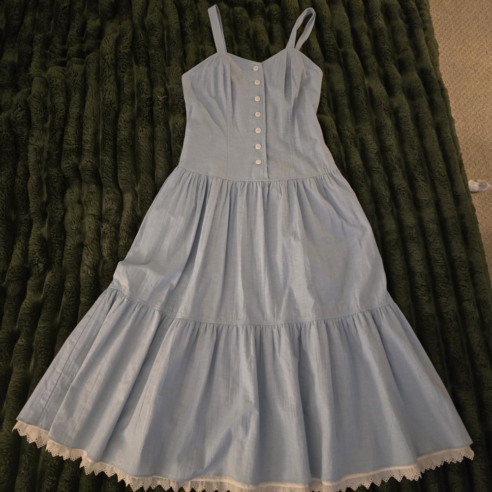 VINTAGE 1970s DLM Light Blue Tiered Sundress with Button Front